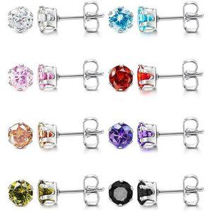 6 Pairs Stainless Steel Stud Earrings Set Hypoallergenic Cubic Zirconia Mens